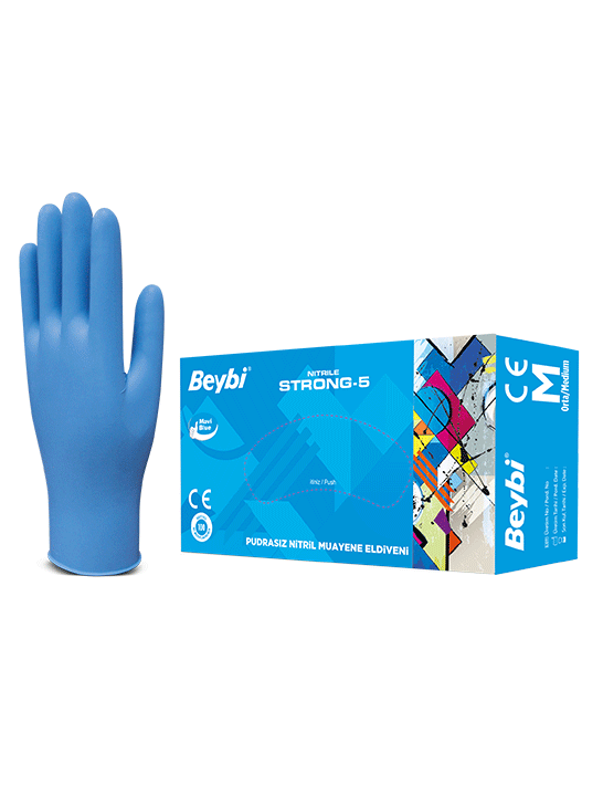 Strong-5 Pudrasız Mavi Nitril Muayene Eldiveni - 100'lük Kutu