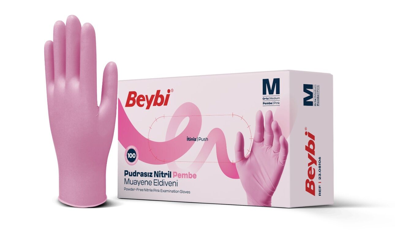 Pudrasız Pembe Nitril Muayene Eldiveni - 100'lük Kutu
